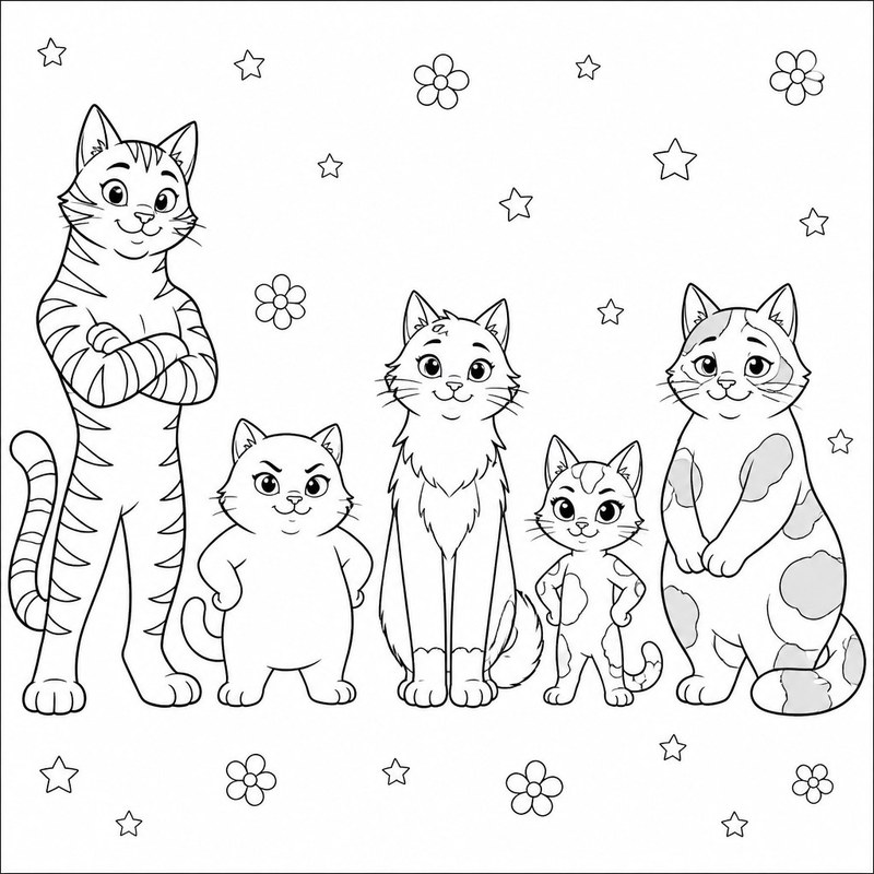 Line drawing of the five Whisker Crew cats standing in a row: tall striped Tiger Stripes, plump Ginger, lean Amber, tiny Miko and patchy Sage